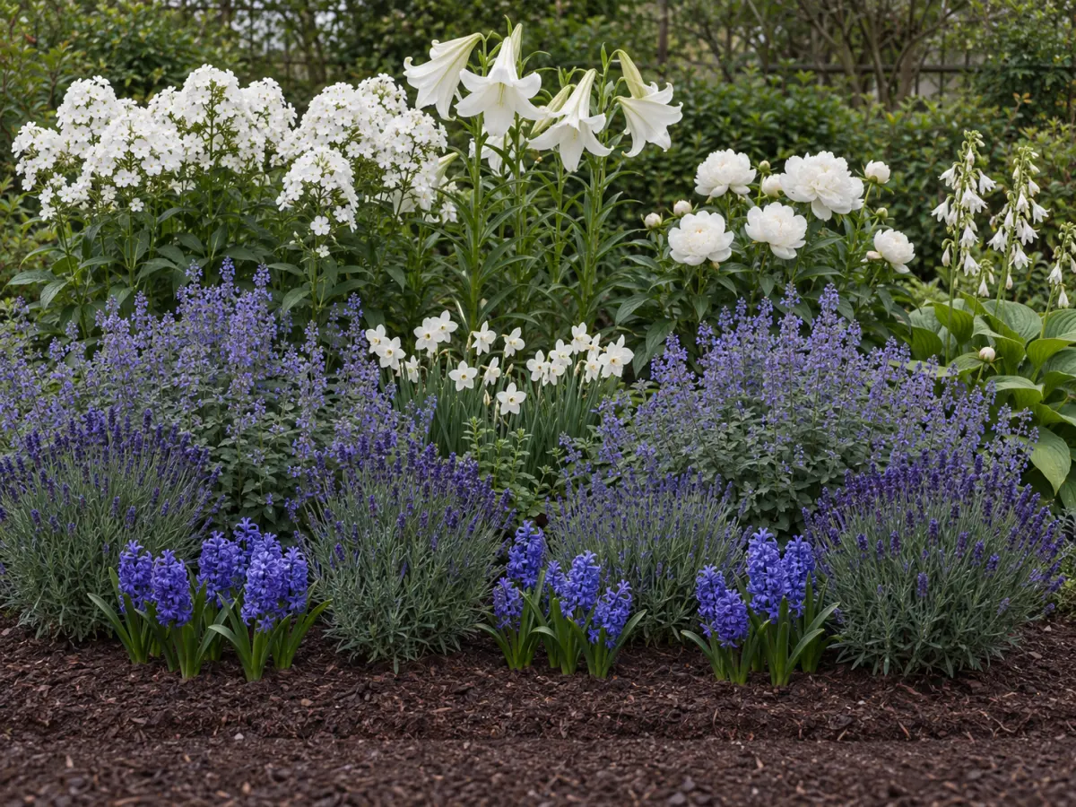 AI picture of the scented bed in full bloom: white phlox, regal lilies and a peony behind lavender and catmint.