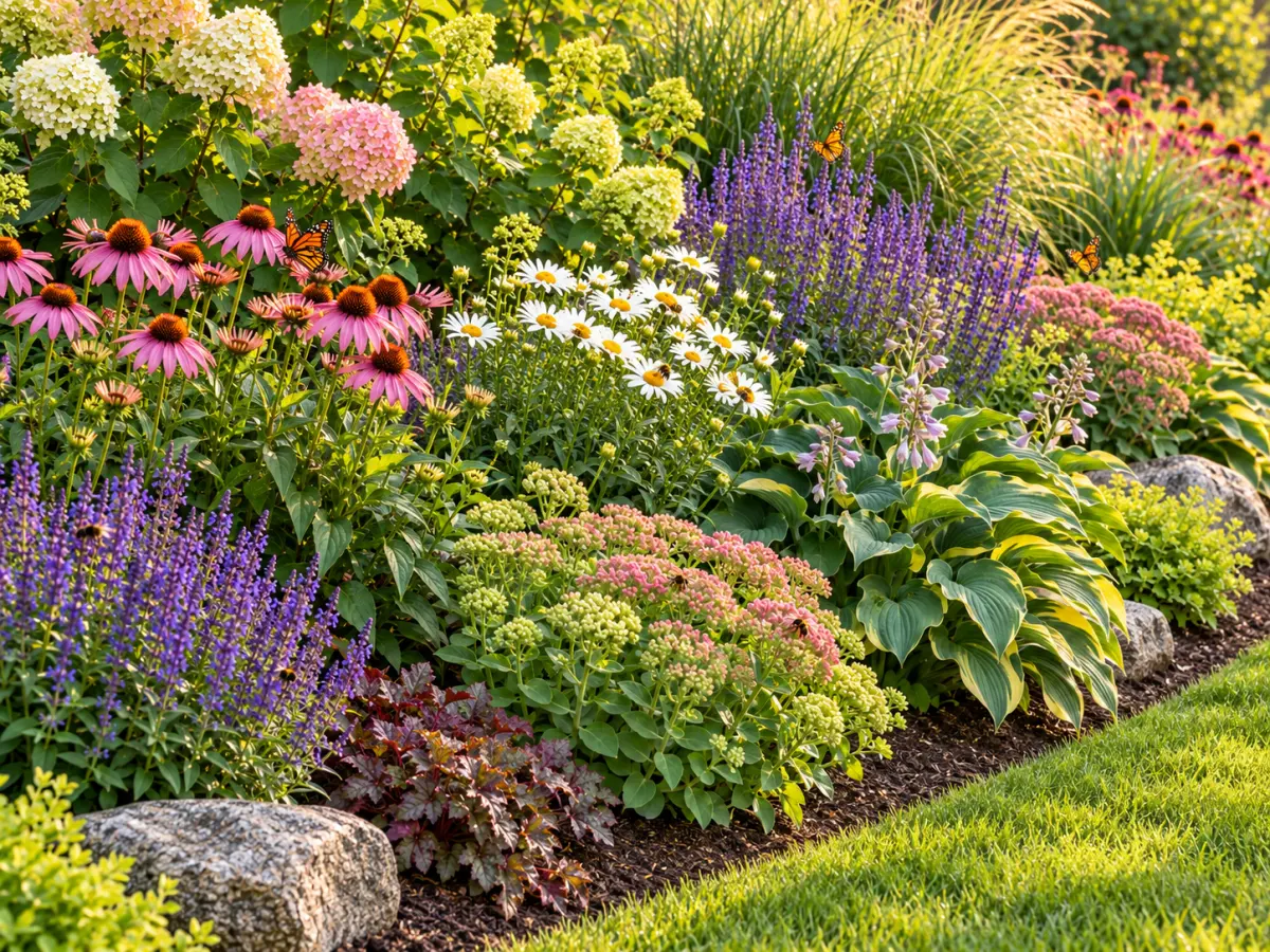 A flower bed in full bloom in late summer.
