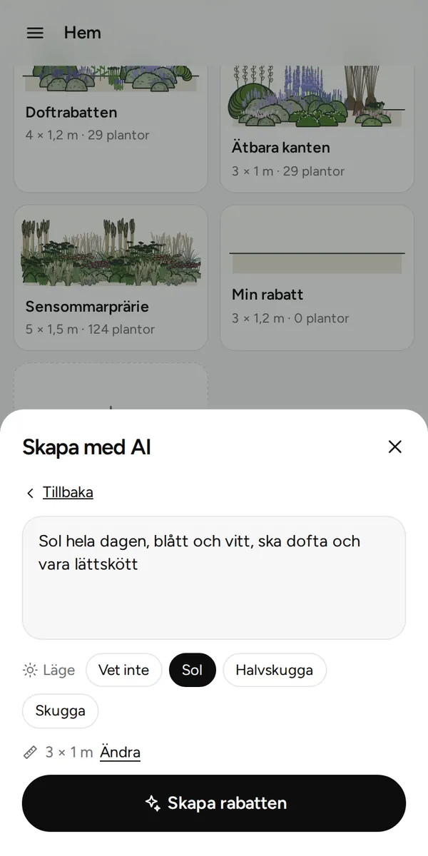 Create with AI: a description of the bed and the choice of sun, part shade or shade.