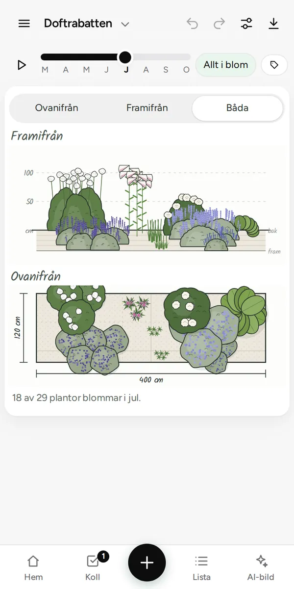 Rabattplaneraren on a phone: a scented bed drawn from the front and from above.